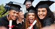 © peopleimages.com - Graduation, success or students in selfie at university for education, social media or memory. College scholarship, photograph or group of people at school campus with certificate, smile or picture