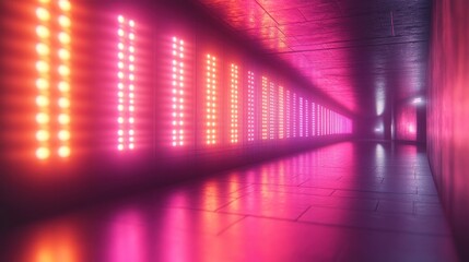 Poster - Neon lights illuminate a long, reflective corridor.