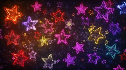 Wall Mural - Colorful Neon Stars in a Dark Background with Glowing Effects