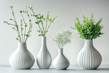 Poster - Elegant composition of green plants in white ceramic vases for modern home decor style