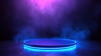 Leinwandbilder - Neon-lit circular platform in smoky dark environment.
