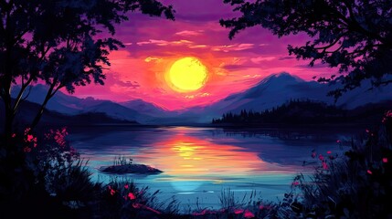 Wall Mural - serene sunset over tranquil lake with vibrant colors and reflection