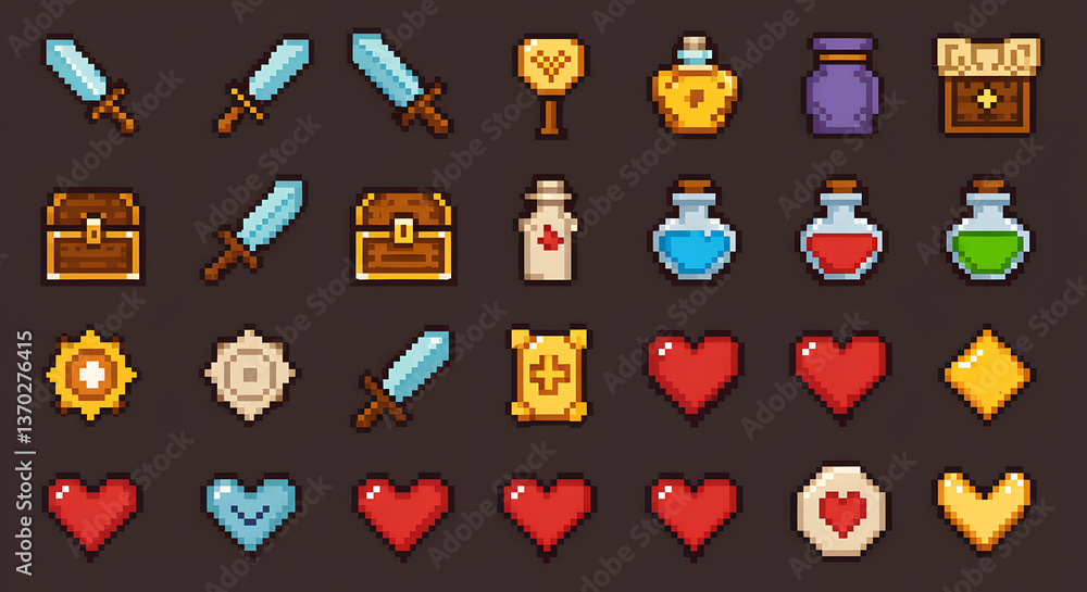 Collection of retro pixel art icons for video game assets and design ...