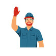 © silence - A cheerful worker in safety gear, waving with a red glove, representing teamwork and professionalism in the workplace, ideal for promoting safety measures.