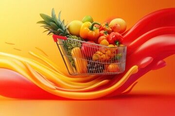 Poster - Vibrant flow of fresh groceries in a dynamic background with smooth liquid gradients and rich colors Generative AI