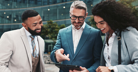 Poster - City, employees and people with tablet, outdoor and real estate agent with collaboration for business. Teamwork, colleagues and group with website for property, info and discussion for market trends