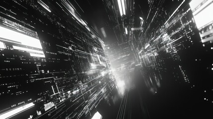 abstract, futuristic tunnel with lines and lights in black and white.