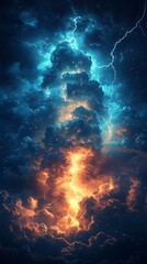 Wall Mural - a picture of a stormy sky with two lightning bolts, one blue and one red. the sky is filled with clo