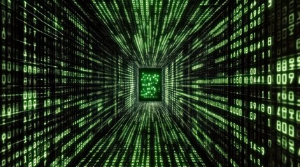 Digital tunnel made of green binary code and numbers on a dark background.