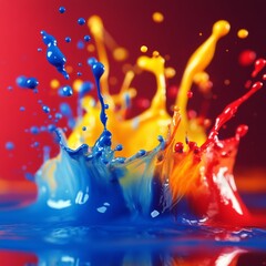 Leinwandbilder - Colorful Paint Splashes Against a Red Background: A vibrant explosion of blue, yellow, and red paint creating a dynamic and artistic splash.