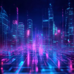 Aufkleber - Cyberpunk Cityscape: Neon Grid Lights and Futuristic Architecture in a Digital Landscape