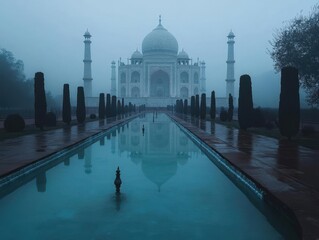 Aufkleber - Taj Mahal Monument Reflected In Calm Water During Foggy Morning In Agra India