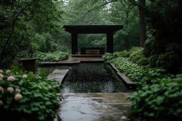 Aufkleber - Rainy Garden Scene With Stone Structure Over Water Surrounded By Greenery
