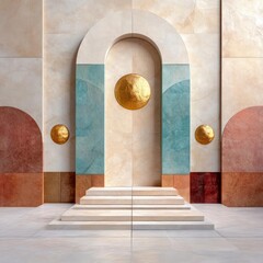 Fototapete - Abstract Architectural Composition With Gold Spheres Teal Arched Doorway And Geometric Details Under Sunlight