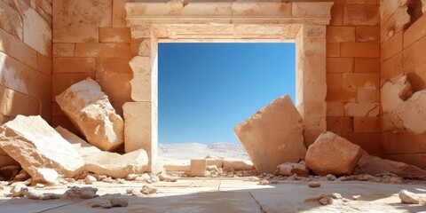 Poster - Collapsing Stone Structure Doorway Framing Blue Sky And Desert Mountains Under Bright Sunlight