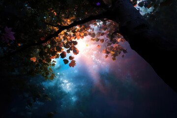 Poster - Colorful Autumn Leaves and Bright Celestial Light Through Tree Canopy View