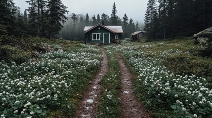 Poster - Rustic Green Cabin On A Dirt Path Surrounded By White Wildflowers In Dense Forest Under Foggy Sky
