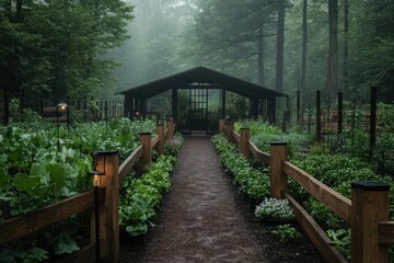 Aufkleber - Rainy Garden Pathway Scene With Wooden Fence and Rustic Shelter Under Green Tree Canopy