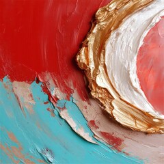 Poster - Abstract Artwork With Red Gold and Turquoise Colors Textured Surface with Brushstrokes and Layering