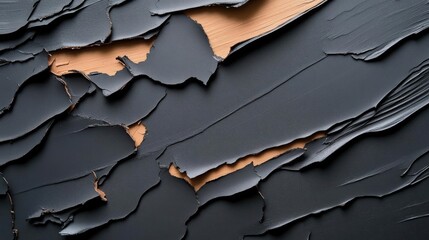 Poster - Abstract Composition Peeling Black Paint Revealing Textured Tan Surface Layers Macro Shot Detail