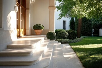 Poster - Elegant Architectural Exterior With Terracotta Pot Steps and Lush Green Landscaping Under Bright Sunlight