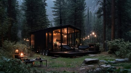 Aufkleber - Cozy Black Cabin Illuminated By Warm Lights In Winter Forest Under Soft Snowfall