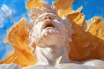 Poster - Stone Statue Of A Man With Flowing Golden Elements Against A Blue Sky Background