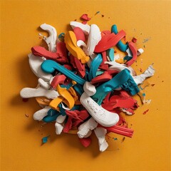 Fototapete - Abstract Composition Of Colorful Textured Shapes Scattered On Bright Orange Surface
