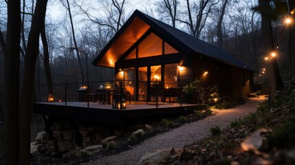Aufkleber - Cozy Illuminated Cabin In Lush Green Forest At Dusk Exterior Lighting And Relaxed Atmosphere