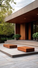 Poster - Contemporary Building Entrance with Wooden Door Stone Steps Benches and Greenery Under Natural Light