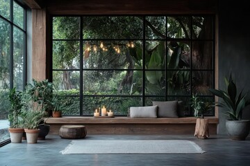 Aufkleber - Interior Scene With Large Window Overlooking Lush Greenery Potted Plants and Candles