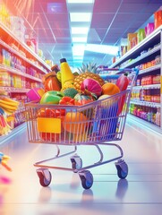 Aufkleber - Shopping cart filled with colorful groceries in vibrant supermarket aisle during daytime