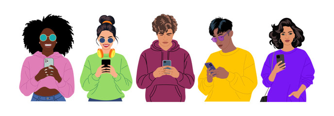 set of different young people holding, using mobile phones. colorful flat vector illustrations isola