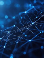 Fototapete - Futuristic digital network visualizing financial transactions with glowing nodes and dark blue gradient in high-tech fintech design