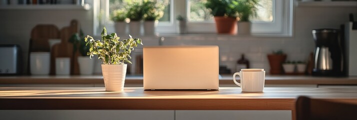 Poster - Bright and cozy kitchen workspace with laptop, coffee, and natural light creating a relaxed atmosphere for productivity