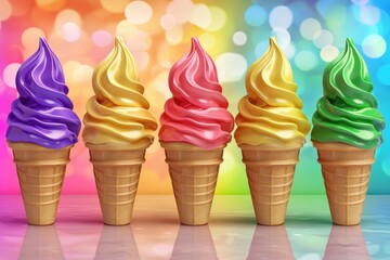 Aufkleber - Cheerful rainbow-colored ice cream cones in vibrant flavors set against a pastel background create a playful dessert display in a festive environment