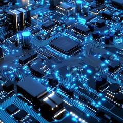 Poster - Advanced Blue Circuit Board: Electronic Microchip Technology with Glowing Lights and Intricate Network Design