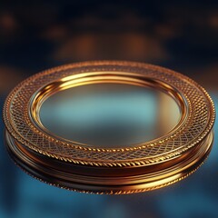 Poster - Elegant Gilded Circle: A Study in Opulence and Detailed Golden Weave on a Deep Blue Reflective Surface.