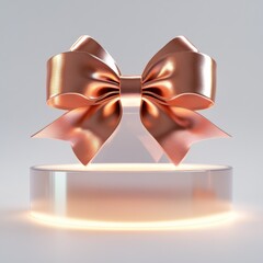 Aufkleber - Elegant Rose Gold Bow Displayed on a Lit Cylindrical Podium, Perfect for Presentations and Product Showcases.