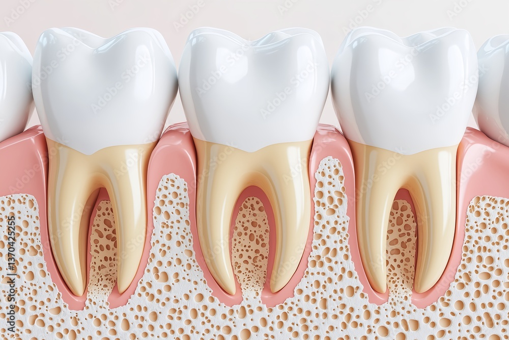 3D Cutaway Diagram of Human Gum Line with Teeth, Roots, Bone Structure ...