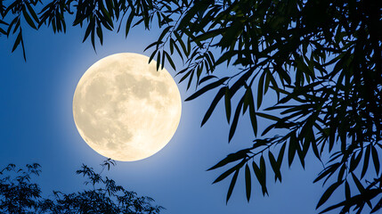 Wall Mural - Celestial Serenity: The luminous full moon bathes the night, framed by delicate foliage, creating a serene and enchanting nocturnal scene.