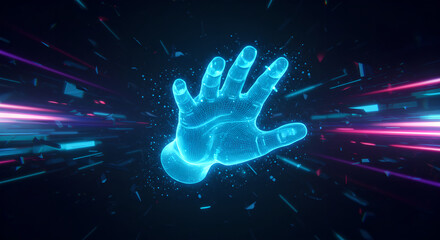 Wall Mural - cybernetic hand reaching in virtual space for digital transformation. tech network grid for futurist