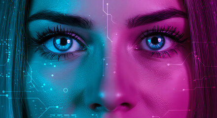 Woman with bionic eyes. Future technology and cybernetic implants. Human integration with artificial intelligence for innovation. Futuristic design for marketing