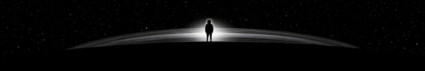 Wall Mural - Celestial Mystery: A silhouetted figure stands centered, bathed in the glow of light emanating from an undefined form above in an artistic representation of celestial.