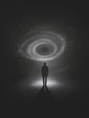 Wall Mural - A Cosmic Encounter: An individual, silhouetted against a mysterious dark backdrop, gazes at a swirling galaxy above, sparking contemplation and awe about the universe.