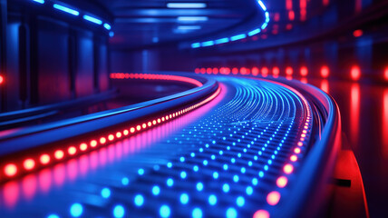Wall Mural - conveyor belt illuminated by blue lights with a red section creating a dynamic industrial atmosphere