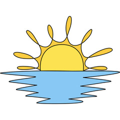 Wall Mural - Sun and ocean landscape continuous line art drawing. Color sunset on water contour line sign. Vector illustration isolated on white.	