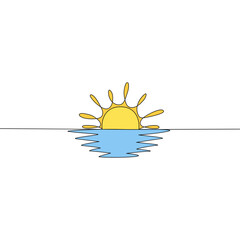 Wall Mural - Sun and ocean landscape continuous line art drawing. Color sunset on water contour line sign. Vector illustration isolated on white.	