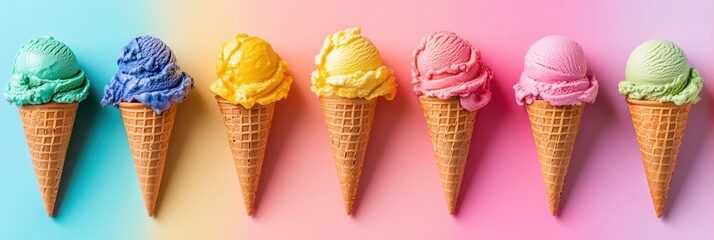 Aufkleber - Colorful row of cheerful ice cream cones with vibrant flavors against a pastel background