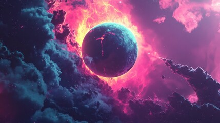 Dramatic planet amidst swirling nebula clouds in vibrant cosmic colors.